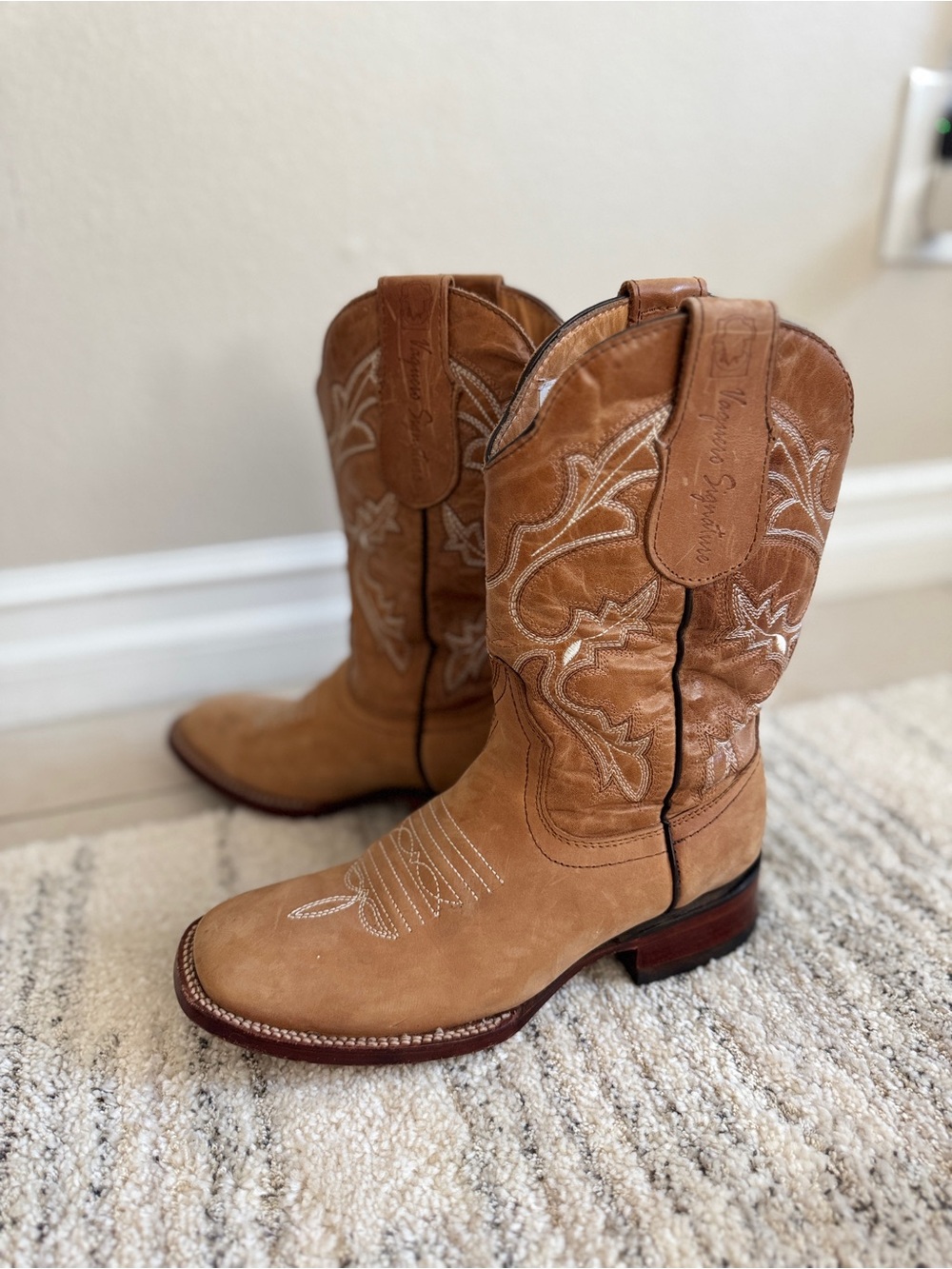 TAN LEATHER WESTERN EMBROIDERED MID-CALF BOOTS